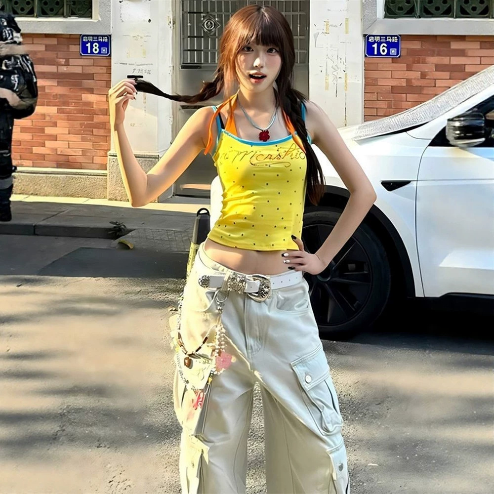 Dopamine Letter Rhinestone Fake Two-Piece Camisole for Women, Summer Slim-Fit High Street Short Top Trendy Outfit