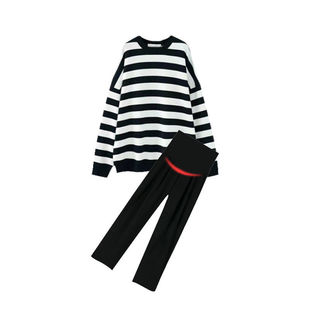 Pregnant Women's Autumn suit Fashionable Butt-covering Striped Top Loose Pregnant Women's Sweater Mid-length Internet Celebrity Two-piece Set