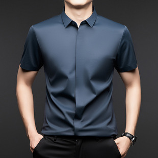 Mulberry Silk Short-sleeved Shirt Men's Summer Non-ironing Stretch Business Casual Solid Color Ice Silk Men's Trendy Shirt