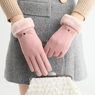 De velvet suede gloves women's winter spring and autumn cute cat riding touch screen fleece-lined warm full finger electric car Cycling