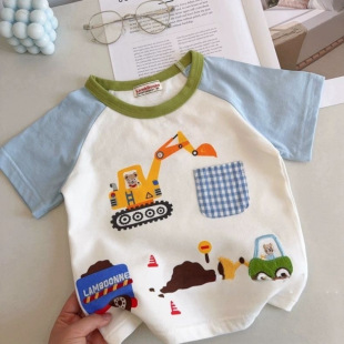 Japanese-Style Children's Clothing! Spring Boys' Excavator Cute Baby Top Thin Half-Sleeve T-Shirt Children's Short Sleeve