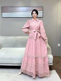 French Retro Elegant Lace Stitching Strap Waist Lantern Sleeve dress Women's Slimming Elegant Court Style Long Dress