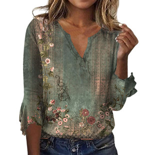 2024 Spring and Autumn V-Neck Printed Casual Loose European and American Women's Top