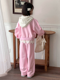 Girls' Spring and Autumn suit 2025 New Style Children's Wear Spring and Autumn Lace Hooded Sweatshirt Girls' Sports Two-Piece Set