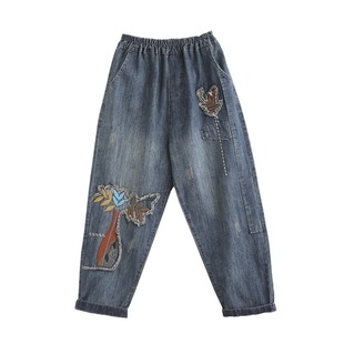 8824-8 Western Style Patch Embroidered Loose Jeans for Women 2024 Spring and Summer New Nine-point Daddy Harem Pants Trendy