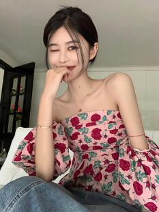 off-shoulder puff-sleeve short shirt women's summer holiday floral sweet and spicy collarbone open shoulder chic short-sleeve top