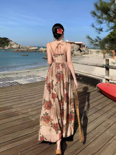 2024 Summer new French style high-grade copper ammonia silk printed sling dress seaside travel holiday long skirt