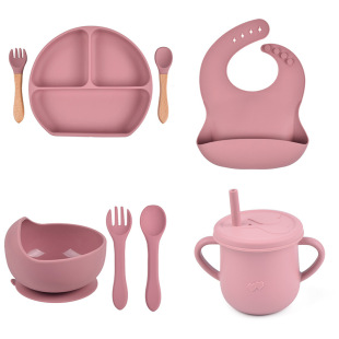 Spot compartment children's tableware baby sucker silicone bowl baby spoon straw integrated silicone plate
