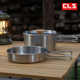 Outdoor Mountain Climbing 304 Stainless Steel Folding Handle Pot Camping Portable Frying Pan Soup Pot Household Picnic Pot suit