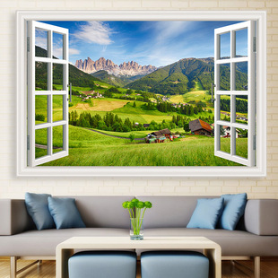 Landscape Painting Wall Stickers 3D Stereo Mural Stickers Self-adhesive Living Room Background Wall Decorative Painting Fake Window Stickers