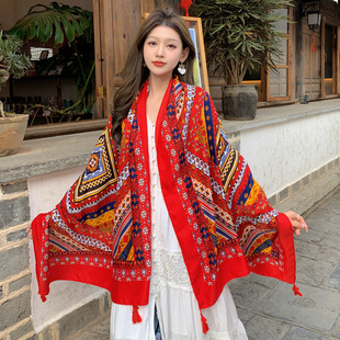 Ethnic Style Shawl Scarf Dual-use Seaside Sunscreen Beach Silk Scarf Red Large Scarf Women's Desert Travel Photo Summer