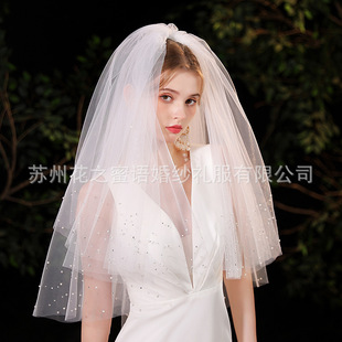 Wedding bridal veil wedding main wedding dress double-layer puffy veil French white simple short handmade pearl hair accessories