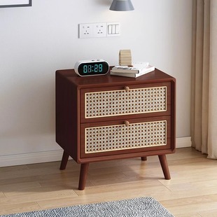 Rattan Bedside Table Solid Wood Cherry Walnut Log Color Japanese Internet Celebrity Homestay-Silent Style Wooden Locker