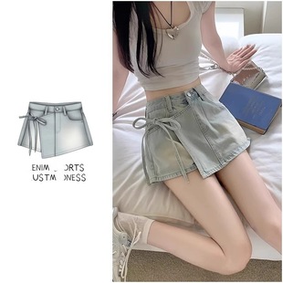 Fake Two-piece Denim Shorts Women's Summer A- shaped High Waist Irregular Western-style Strap Culottes Small Hot Girl Pants