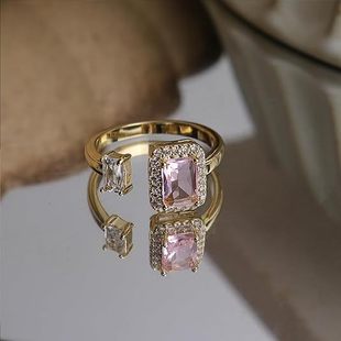 Cross-border Fashion Light Luxury Geometric Square Color Zircon Ring Female Niche Cold Style Design Joint Ring Jewelry