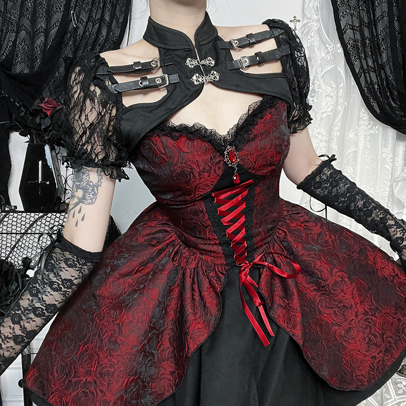 Cf25212 Subculture Red Rose Jacquard Suspender Skirt Autumn New Black and Red Jacquard Gothic Style Long Skirt