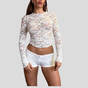 2023 Amazon Europe and the United States cross-border solid color temperament sunscreen slim base lace perspective long sleeve crew neck T-shirt women