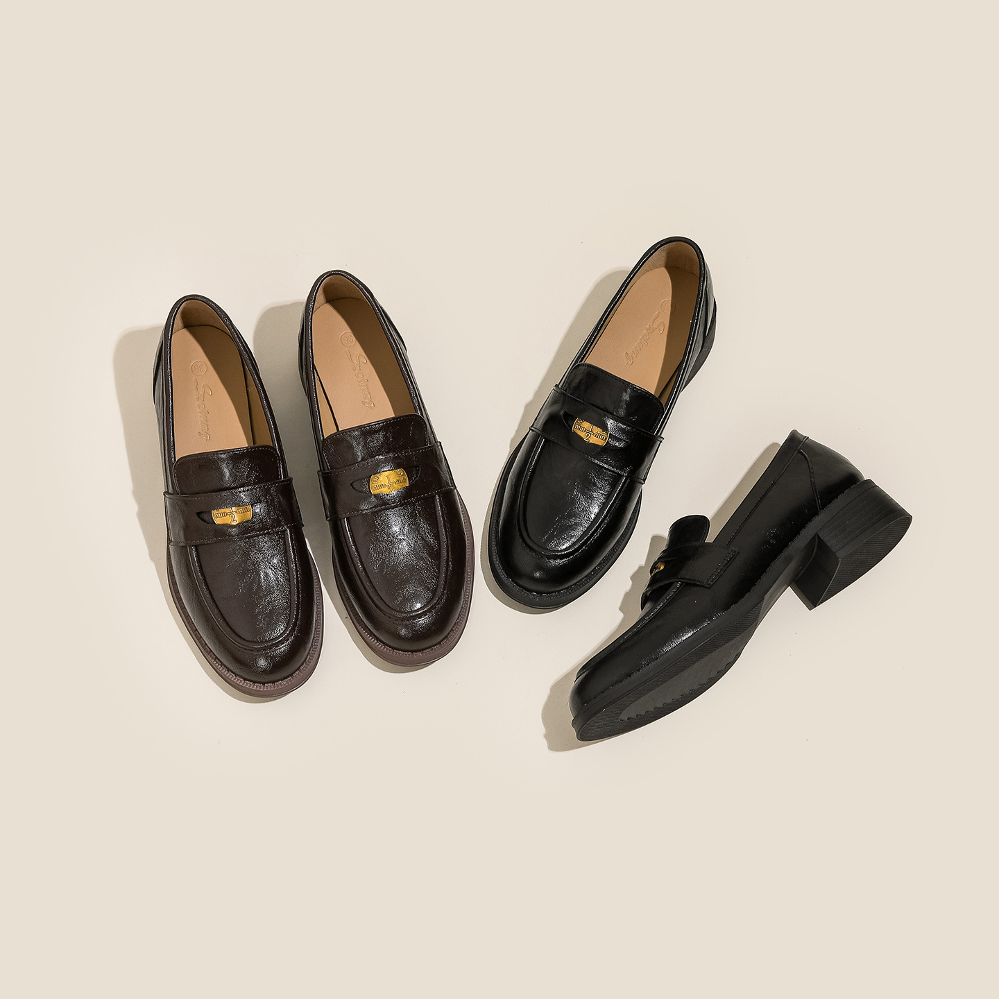 2025 Spring New British Retro Distressed Color Block Chunky Heel Genuine Leather Loafers with Small Coin Design Women's Leather Shoes Single Shoes for Women