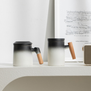 Ceramic Tea Separation Cup Mug Simple Home Office Filter with Lid Personal Wooden Handle Tea Cup