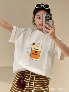 Nanyou high quality 25 Summer New Niche Design Draft Beer Printed Round Neck Loose Casual All-match Short-sleeved T-shirt