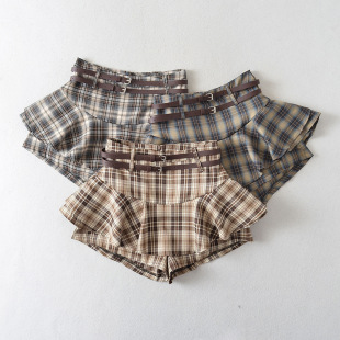 Sweet Cool Spice Girl Double Belt Ruffled Pant Skirt Women's 2023 Summer Contrast Color Plaid High Waist Irregular A- line Skirt