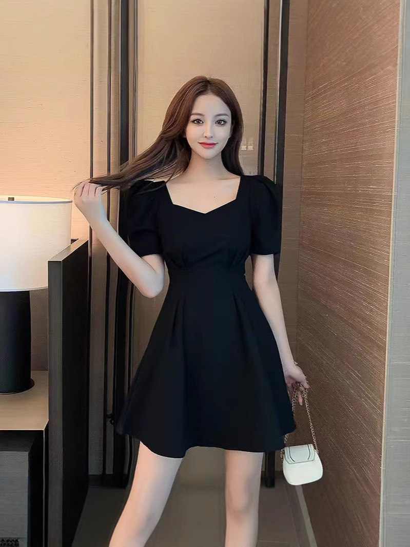 프랑스 스타일 케어 머신 백리스 스퀘어 칼라 퍼프 슬리브 여름 새로운 도착 원피스 여성 타이트 허리 슬리밍 우아한 연령 감소 스커트