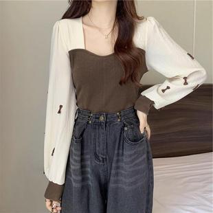 plus size Women's French Style Chic Interior Style Autumn and Winter Western Style Square Collar Long-Sleeved Base Top Women's Design Sense Niche T-Shirt