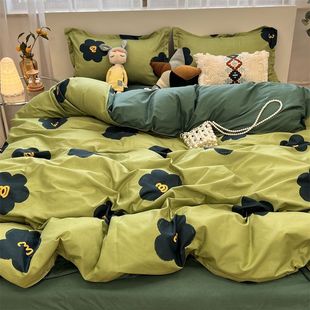 Ins Letters Bear Bed простой набор из четырех моющихся хлопковых простыней и одеяла, мультяшное студенческое общежитие из трех частей