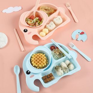 Wheat Straw Children's Dinner Plate Sub-grid Household Kindergarten Cartoon Baby Bowl Drop-resistant Straw Water Cup Tableware Set