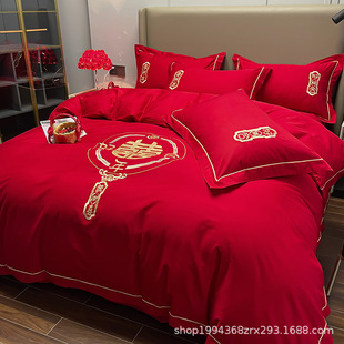 New red cotton satin wedding cotton four-piece set cotton bed sheet quilt cover bedding festive