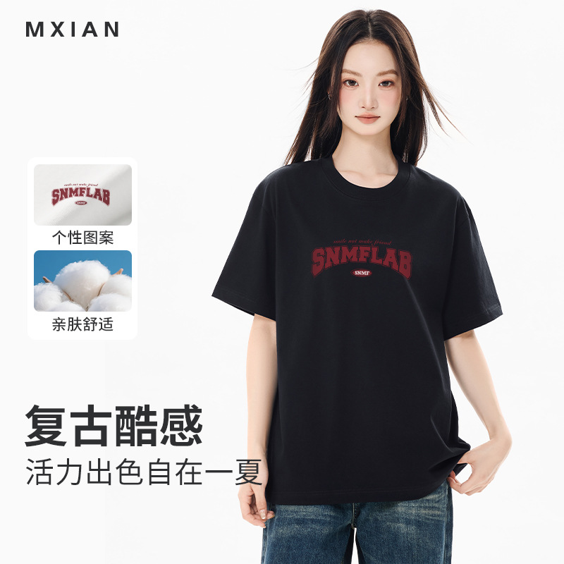 여성을위한 미국 캐주얼 편지 인쇄 짧은 소매 티셔츠 2024 여름 새로운 순수한면 외부 착용 라운드 넥 하프 슬리브 탑