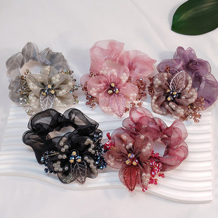 New organza large intestine hair ring flower hair accessories women's high-grade beads hair rope coil hair balls headdress flower headdress