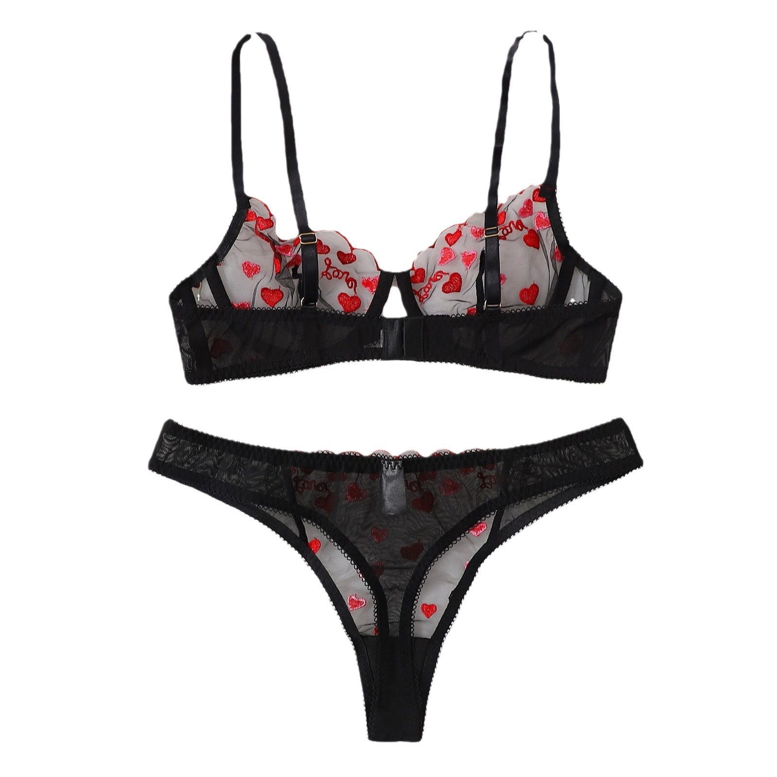 Cross-border European and American style new sexy women's mesh see-through heart-shaped three-piece lingerie set wholesale
