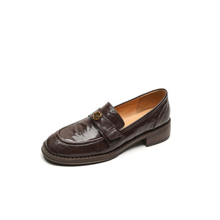 Popular Genuine Leather Camellia Soft Bottom Loafers Women's Spring and Autumn New Brown Flat Heel Single-layer Shoes Slip-on Shoes