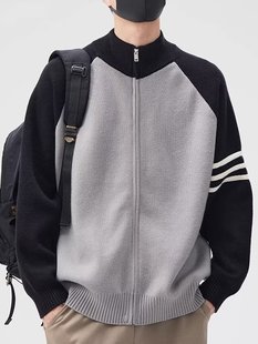 Factory wholesale autumn and winter men's heavy contrast zipper sweater cardigan coat design raglan sleeve sweater coat