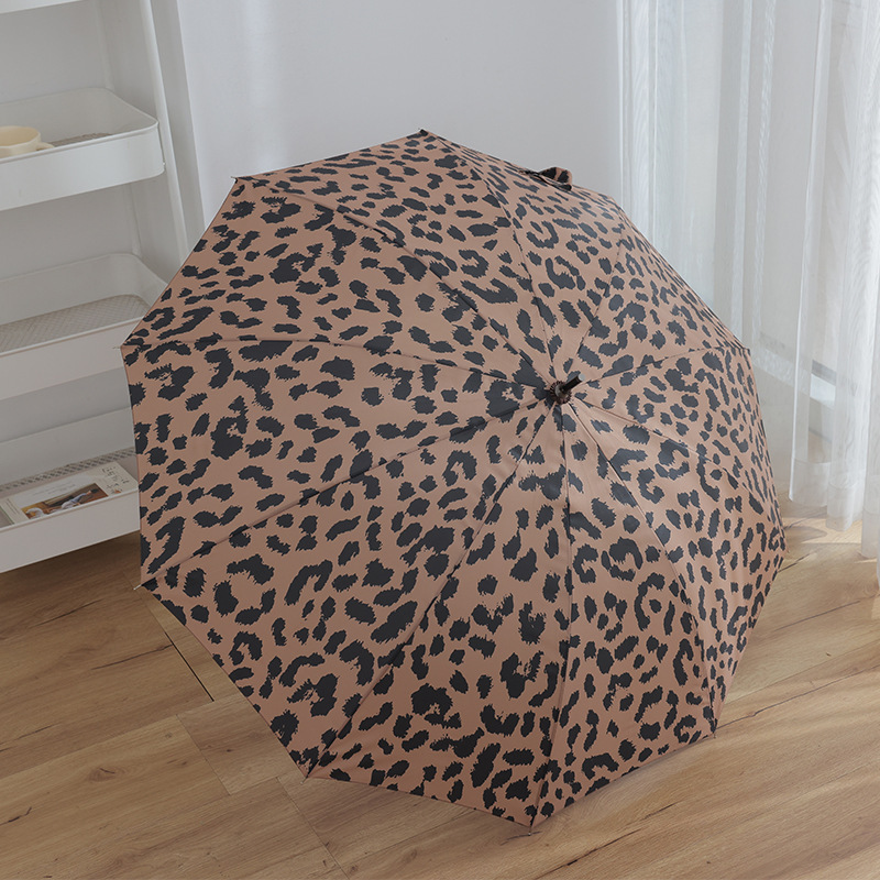 10-rib retro leopard print umbrella, three-fold, windproof, UV-resistant, straight-handled, long-handled, automatic, retro rain umbrella.
