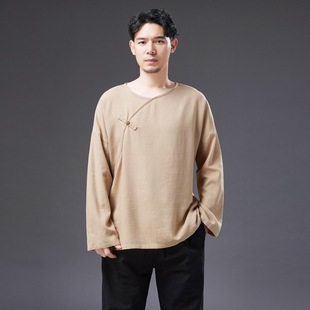 Ma Fan Cloth 22 Years New Chinese Style Cotton and Linen Men's Coat Sand Wash Linen Casual Button T-shirt