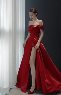 French Elegant Evening Dress 2025 New Style off-shoulder Elegant Slit Dress Annual Meeting Host Show Dress
