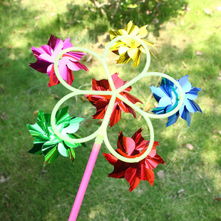 Children's six sequined flower windmill six-color plastic flower traditional outdoor small windmill push hot sale toy gift