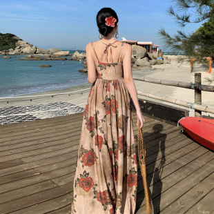 2024 New French style high-grade copper ammonia silk printed sling dress women's summer Sanya Travel holiday dress