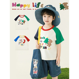Wulibuyi Boys 2025 Summer New Cartoon Contrast Color Round Neck T-Shirt Loose Casual Cool Children's Top