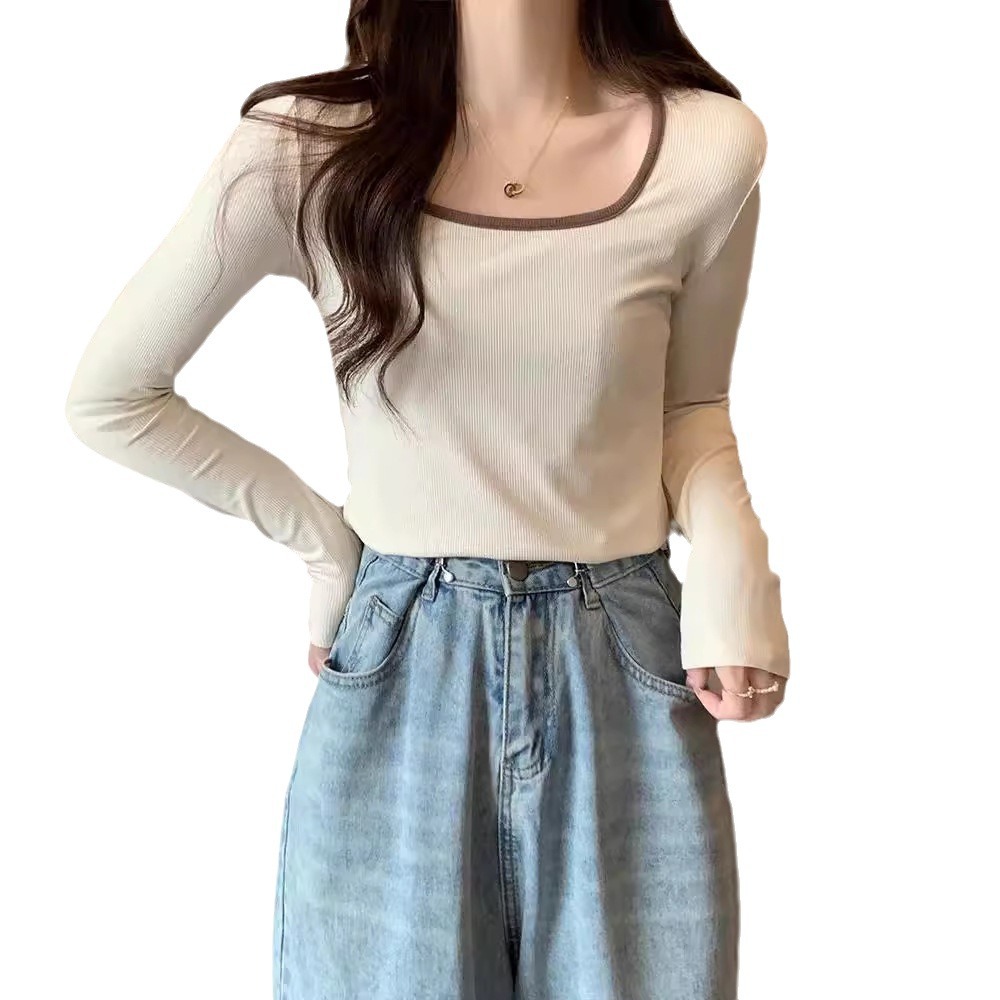 스퀘어 칼라 롱 슬리브 탑 여성의 봄과 가을 2024 새로운 스파이스 소녀 슬림 핏 디자인 센스 콘트라스트 컬러 내베이스 셔츠 티셔츠