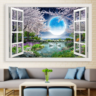Landscape Painting Wall Stickers 3D Stereo Mural Stickers Self-adhesive Living Room Background Wall Decorative Painting Fake Window Simulation Stickers