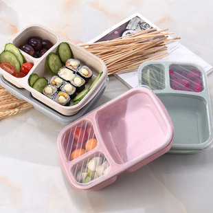 Wheat straw lunch box Japanese-style three-compartment rectangular snack box plastic dormitory office worker portable compartment lunch box