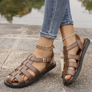Flat Sandals Women's European and American Women's Beach Shoes Casual Baotou Woven Hollow Breathable Foreign Trade plus size Roman Sandals