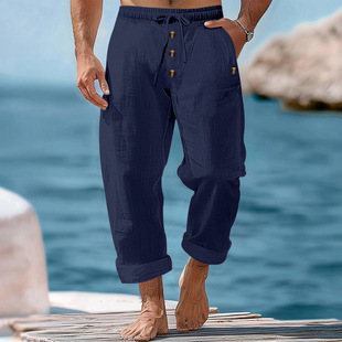 Cross-border Amazon Independent Station Spring and Autumn American Beach Pants Solid Color Cotton and Linen Loose Drawstring Button Casual Pants Men