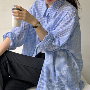 Japanese and Korean-style Lazy Gentle Girl South Korea Niche 2023 Early Autumn Bubble Cotton Textured Plaid Mid-length Sun-protective Clothing for Women