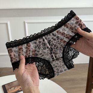 Sexy Leopard Print Light Luxury European and American Breathable Women's Panties with Beautiful Buttocks and Bow Lace Trim Briefs