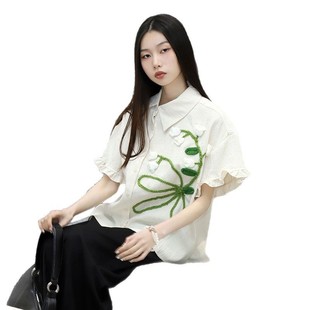 Shirt Women's Design Sense Niche 2025 New Loose Short-sleeved Weaving Flower Casual All-match Age-reducing Texture Sense Top