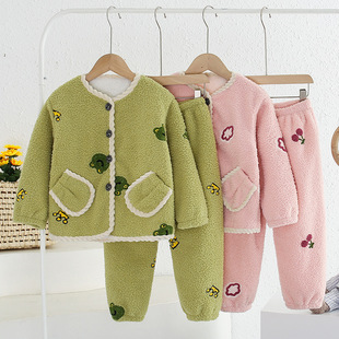 Autumn and Winter Boys' Soft Flannel Children's Pajamas Cotton-padded Coat Thickened Warm Baby Cardigan Home Clothes Set
